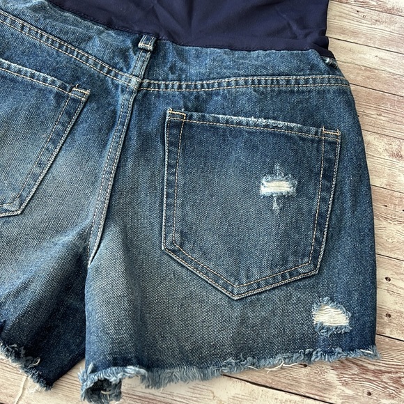Pinkblush Dark Wash Heavily Distressed Raw Hem Full Panel Maternity Jean Shorts - Picture 8 of 11